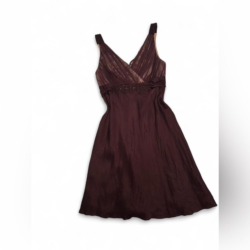 Vintage Anne Klein 100% silk brown empire waist midi dress with beading- Size 12